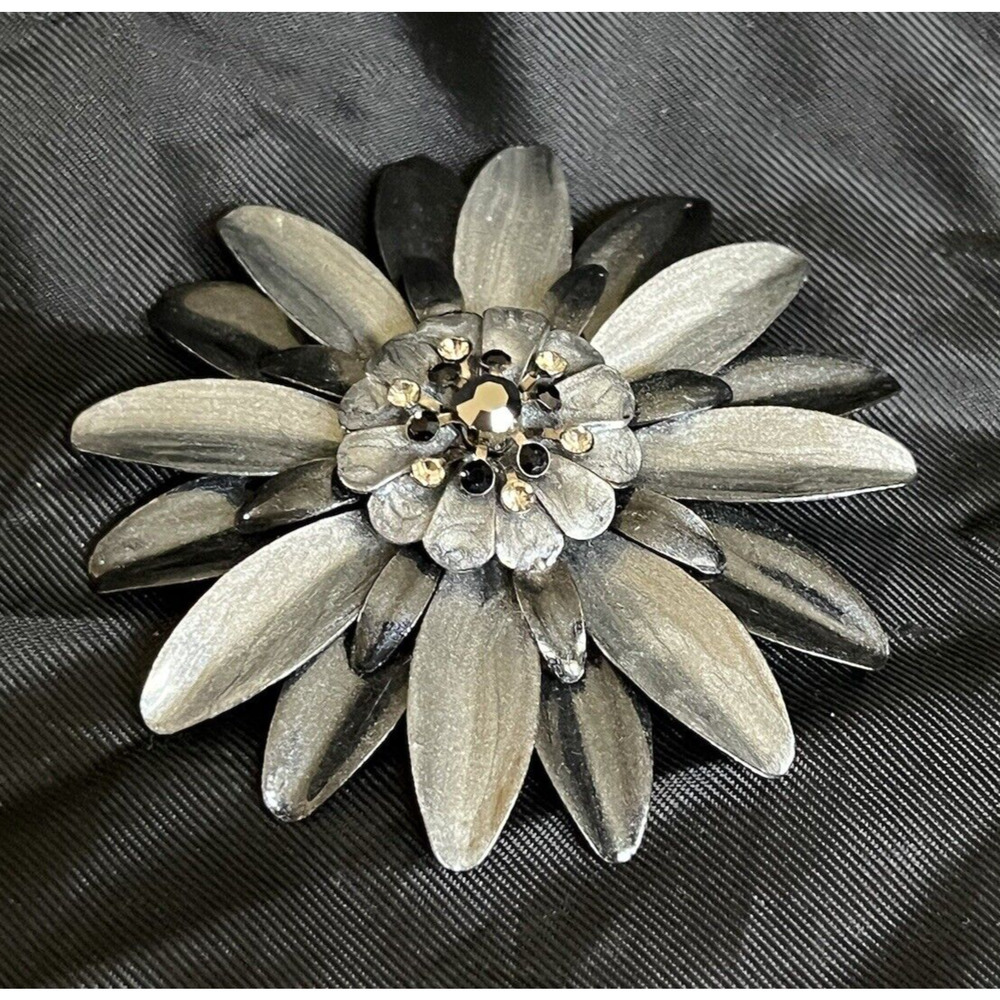 Vintage Gray Flower Power Brooch Pin With Rhinestones Decor 2.5" Statement Pin